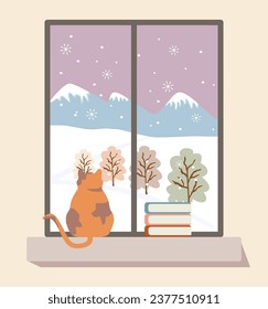 Fat cat with a pile of books on the right side enjoying the outdoor view of the winter landscape from behind the window