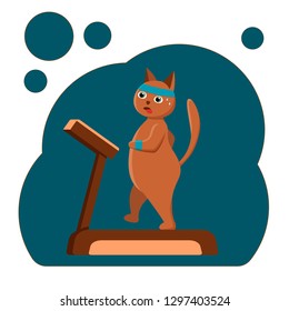 Fat cat running on the treadmill. Vector image