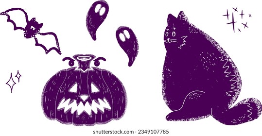 Fat cat, scary pumpkin and ghosts. Halloween illustrations. Graphic texture elements. Vector set, collection.