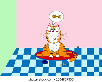 A fat cat sits on the floor and dreams of fish. A cat sits next to a mouse that is going to eat cheese.