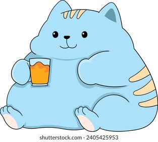 Fat cat is sitting while enjoying a glass of orange juice, creative illustration design