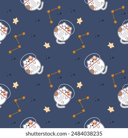 Fat cat in the space cartoon so cute. On star blue background. Pattern seamless vector illustration. 