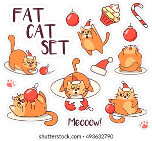 Fat cat sticker set for Christmas and New year holidays. Cartoon style. Vector illustration with pet, Xmas decorations, candy cane, cake, santa's hat on white background. Bright attractive colors