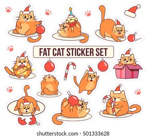 Fat cat sticker set for Christmas and New year holidays. Cartoon style design. Vector illustration with red pet, ornaments, Xmas decorations, candy cane, cake, santa's hat on white background.