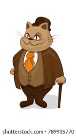 A fat cat in a suit with a cane