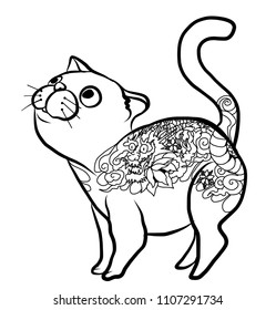 fat cat tattoo vector.Japanese tattoo design on body of cat.hand drawn and line art.