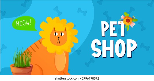 Fat cat with thought speech bubble and text. Vector background template. Ad poster design for pet shop, clinic or else.