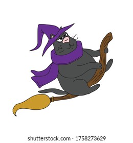 A fat cat tries to fly up on a broom.Vector children's design for postcards banners. Holiday