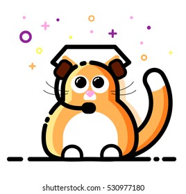 Fat cat wearing headphones and microphone. Support service team. Contact us.Flat line style. Vector illustration. Icon concept for website. Isolated on white background