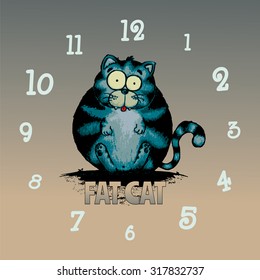 Fat cat.Funny looking character illustration.Clock pattern