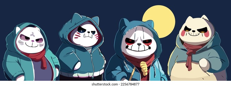 Fat cats with terrible masks on their faces for Halloween. Pets in hoodies like a band. A set of scary characters for a traditional holiday against the backdrop of the moon in the night sky