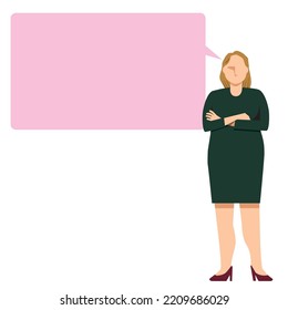 Fat caucasian female businesswoman with comment balloon, speech bubble and arms crossed. eight heads high
