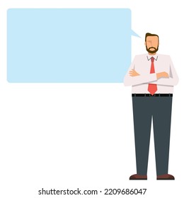 Fat caucasian male businessman with comment balloon, speech bubble and arms crossed. eight heads high