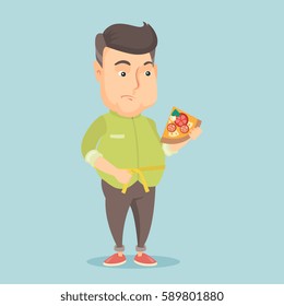 Fat caucasian man with slice of pizza in hand measuring a waistline. Sad fat man measuring a waistline with tape. Fat man with centimeter on waistline. Vector flat design illustration. Square layout.
