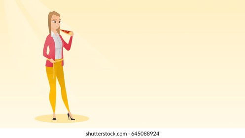 Fat caucasian woman with slice of pizza in hand measuring waistline. Fat woman measuring waistline with tape. Fat woman with centimeter on waistline. Vector flat design illustration. Horizontal layout