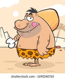 Fat Caveman Cartoon Character With Big Chicken Leg. Vector Illustration With Background