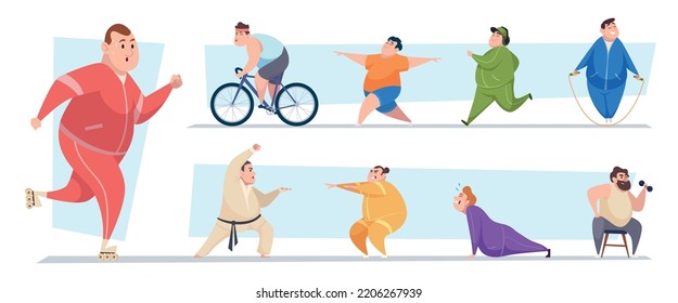 Fat Characters. Outdoor Sport Active People Fitness Activity In Gym Fat Persons In Action Poses Exact Vector Cartoon Templates