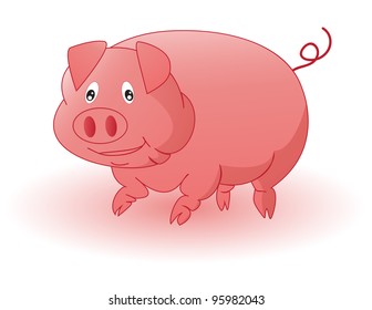 Fat cheerful pink a pig on a white background