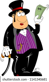 Fat Cheerful Rich Man In Black Tuxedo, Vector And Illustration