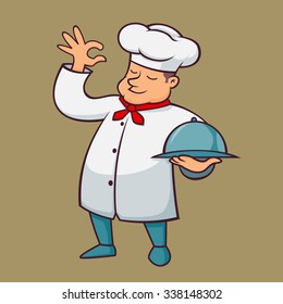 Fat Chef Carry a Food Tray, Vector Illustration