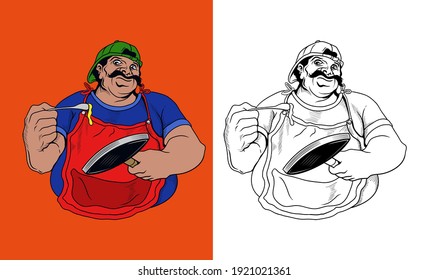 fat chef character holding Teflon