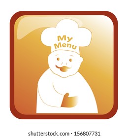 a fat chef with a hat and some text in a yellow orange box