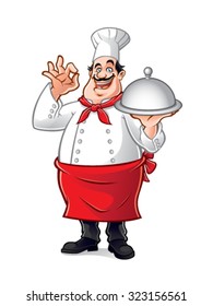 fat chef holding a tray of food, wrapping his fingers as a sign of delicious