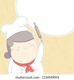 Fat chef woman character happy with rolling pin, Lifestyle concept design illustration isolated on kitchen accessories pattern yellow pastel color background with speech bubble copy space, vector