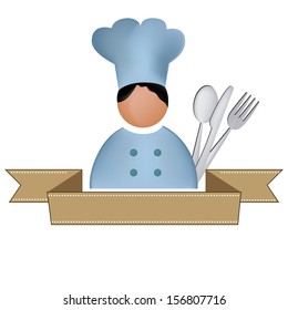 a fat chest with white hat and some utensils and a ribbon