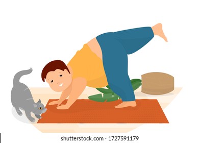 Fat Child Does Yoga. Childhood Obesity. Body Positive. Physical Gymnastics For Children. The Cat Is Playing With A Boy. A Clumsy Child Is Doing Sports Exercise On A Mat. Vector In A Flat Style.