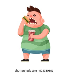 Fat child with a hamburger and drink.Vector illustration in cartoon style