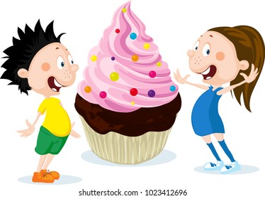 Fat children with big cake cartoon illustration isolated on white background - flat design