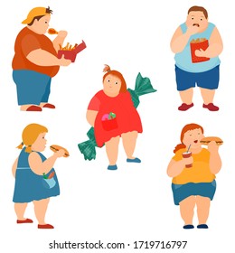 Fat children, the problem of childhood obesity. Improper nutrition, overeating. The adverse effects of fast food. Isolated on a white. Vector in a flat style.