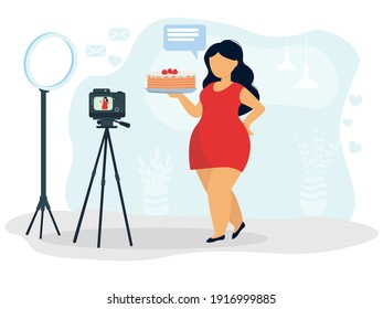 Fat chubby beautiful girl blogger records on camera. The concept of body positivity, refusal of diets, to accept your figure. Vlogging, quarantined lifestyle, hobbies at home, cooking cakes, desserts.