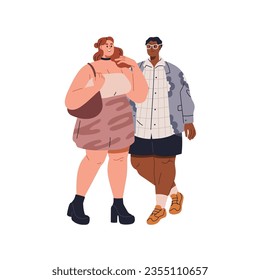 Fat chubby love couple in romantic relationship. Happy chunky plus-size man and woman. Body-positive people. Heavy weight characters. Flat graphic vector illustration isolated on white background