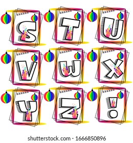 Fat colorful alphabet set. Stuvwxyz big letters. Lettering type characters with ornamental rainbow balls and gradient flourish designs. Vector illustration font for cards banners tags and journals.