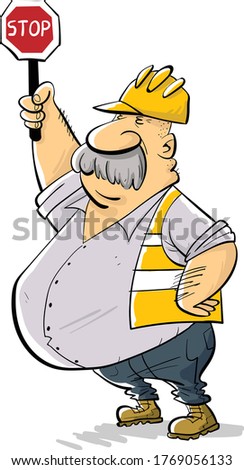 fat construction worker with a stop sign