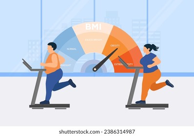 El cuerpo de control del acoplamiento de grasa con control de peso del índice de masa corporal del IMC en el ejercicio. Obesidad, IMC, ilustración vectorial de control de masa corporal