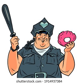 Fat cop with a doughnut. Cartoon comic book pop art illustration drawing