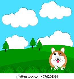 fat corgi dog  and landscape in flat cartoon style