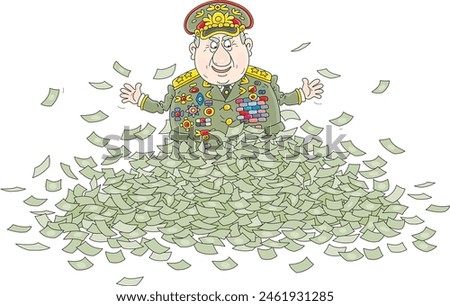 Fat corrupt general in army uniform with orders and medals on a big pile of money, vector cartoon illustration on a white background