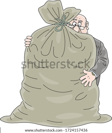 Fat corrupt official hugging a big bag full of money, vector cartoon illustration on a white background