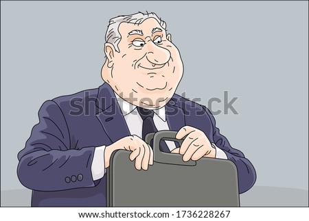 Fat corrupt official sitting at his office desk, insidiously smiling and holding a leather briefcase with documents and money for bribe, vector cartoon illustration