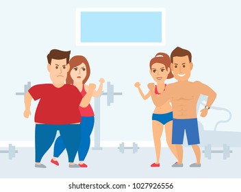 fat couple against slim fitness people in gym