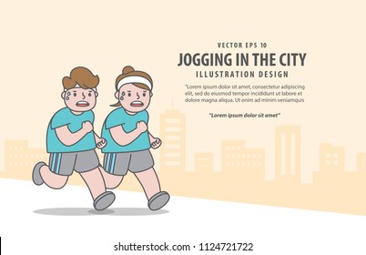 Fat couple character running for weight loss in city background before and after illustration vector