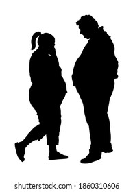 Fat couple in love on date. Fat man and woman ordering food by mobile phone vector silhouette. Overweight person trouble. Big boy think about calorie. Difficulties in moving. Breathless sweaty, break.