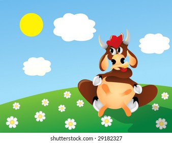 Fat cow sitting on the grass
