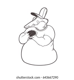 Fat crocodile with burger. Funny vector illustration with cartoon character. Alligator with fast food in comics style