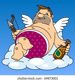 Fat Cupid Drinks Beer While Sitting On A Cloud