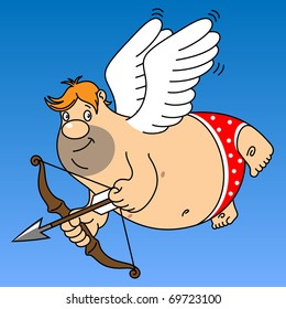 Fat Cupid In Red Underpants Holding A Bow And Arrow